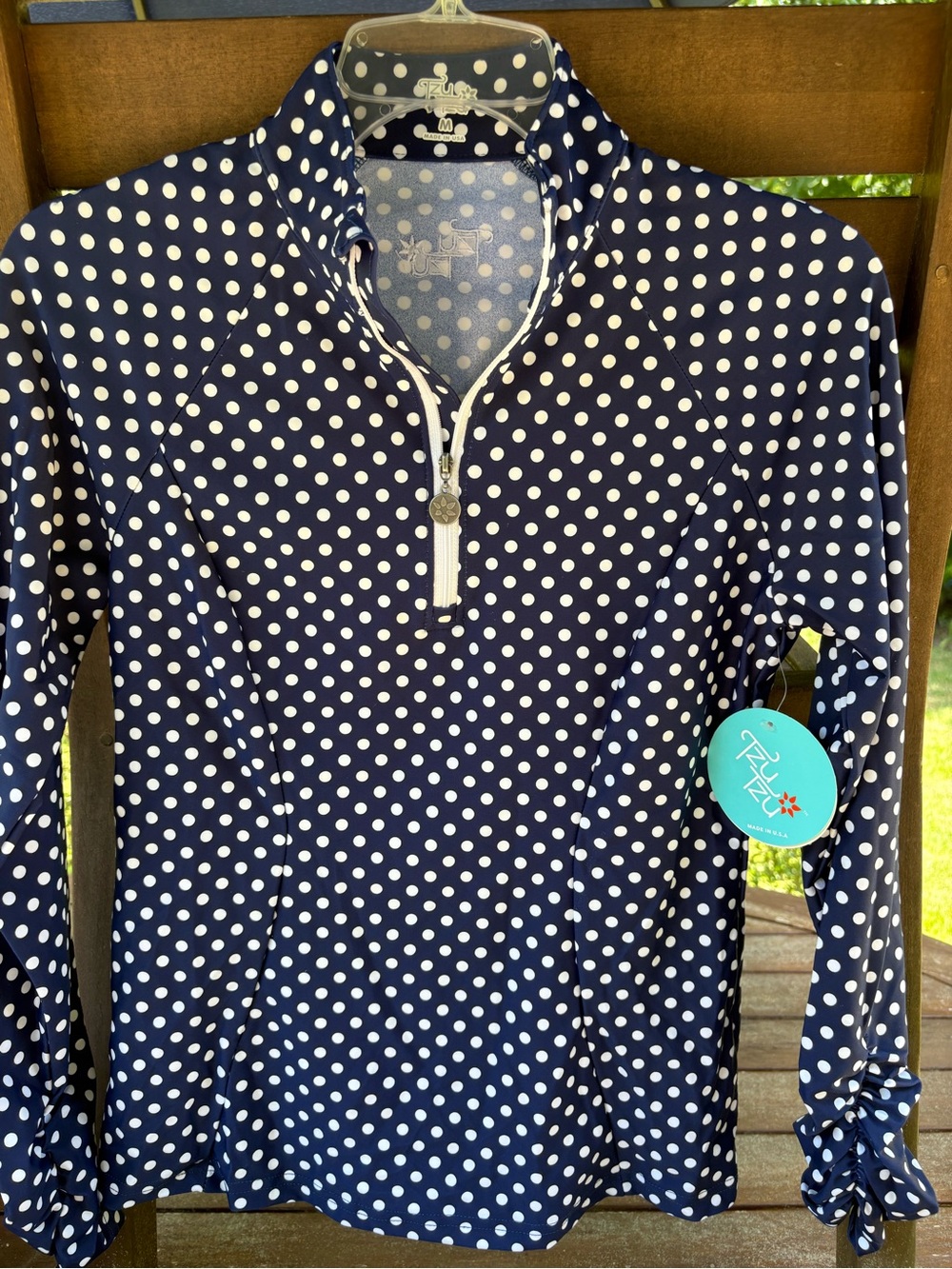 Tzu Tzu Navy and White Polka Dot Quarter-Zip Pullover